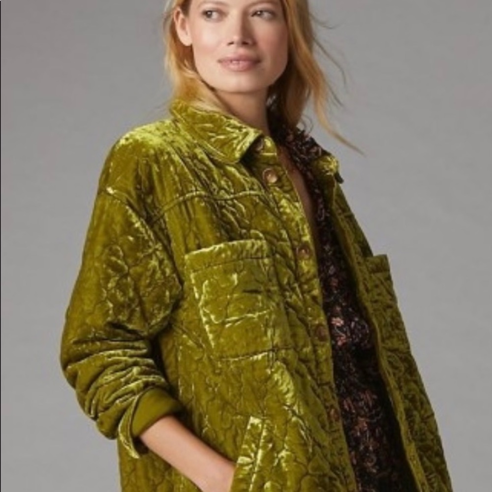 Anthropologie Quilted Velvet Shirt Chartreuse Green size small